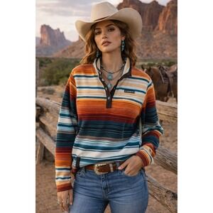 Cinch Womens Fleece Pullover Southwestern Stripe Snap Neck Orange Teal Small